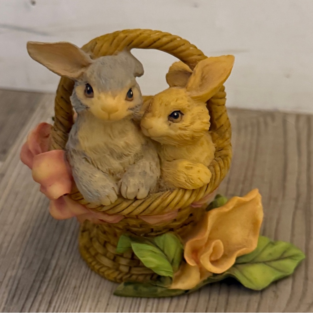 Ceramic Easter Bunnies in Basket Figurine